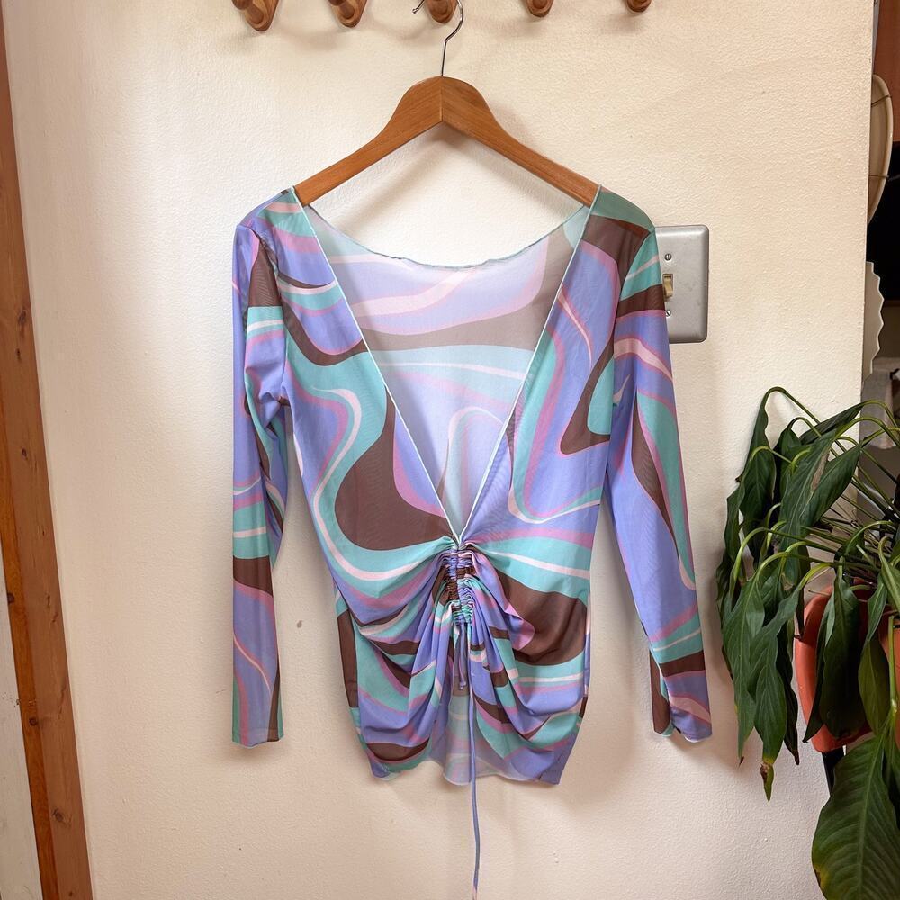 Retro Swirl Print Cinched Mesh Top